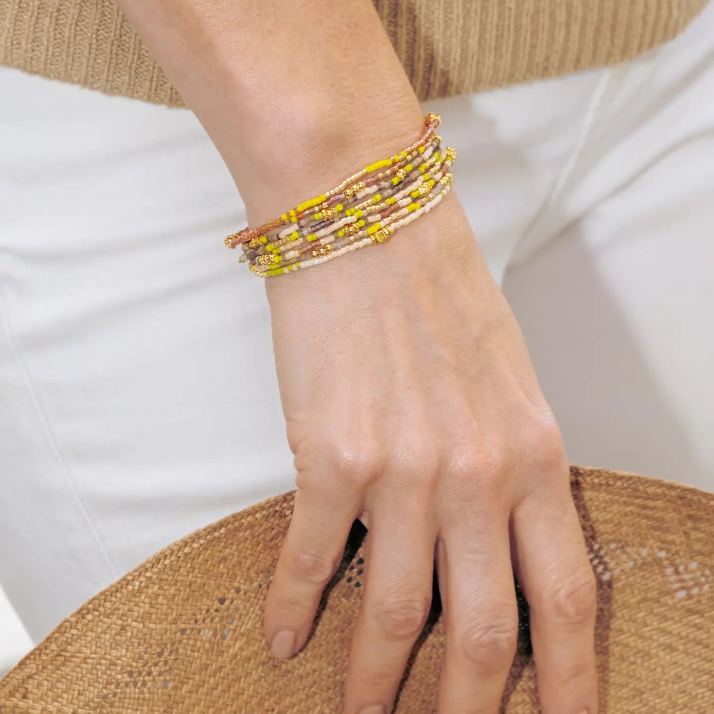 Miyuki Beaded Stretch Bracelet Set in Citron/Tan/Cream