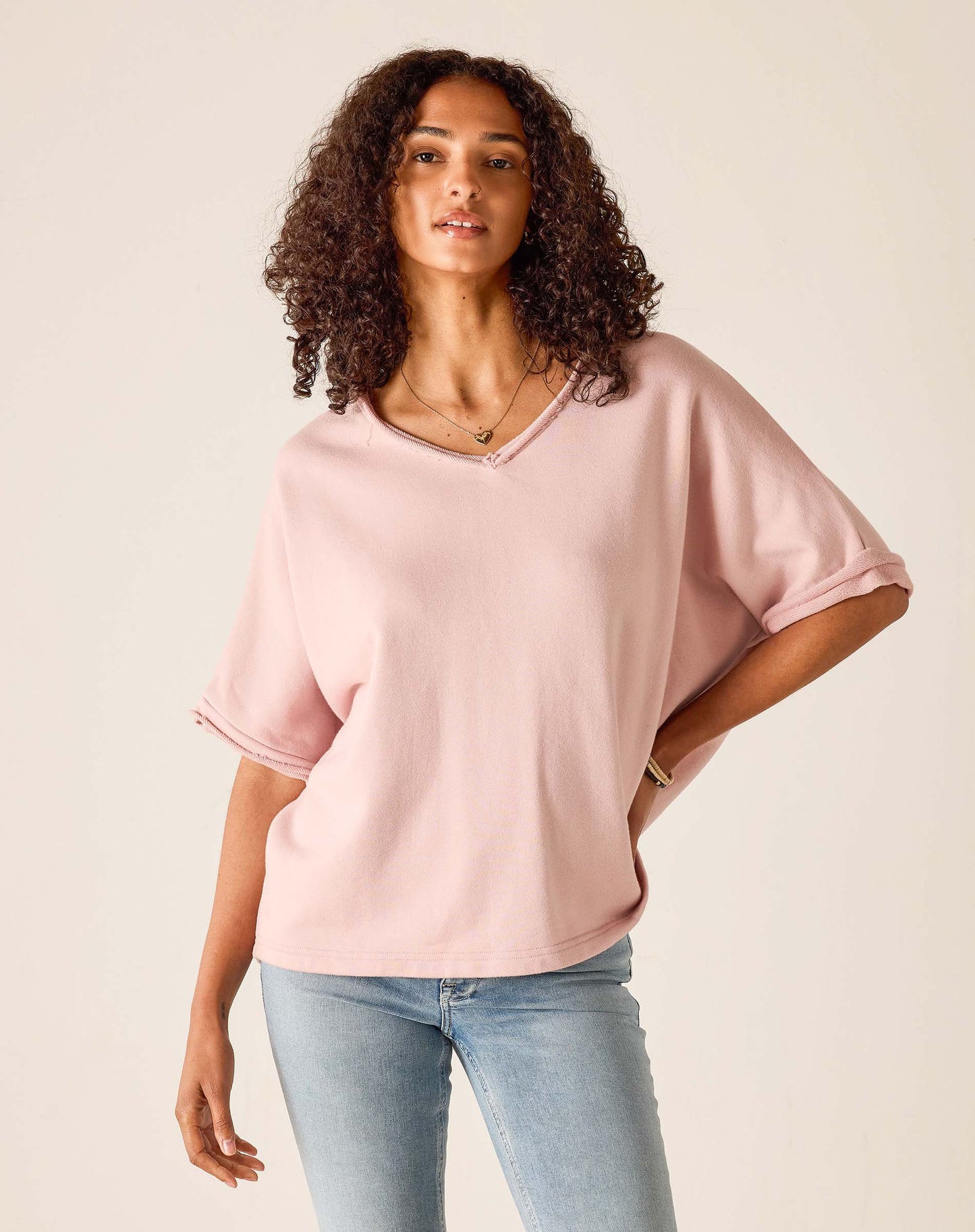 Frenchie Raw Edge V-Neck Sweatshirt in Mineral Pink