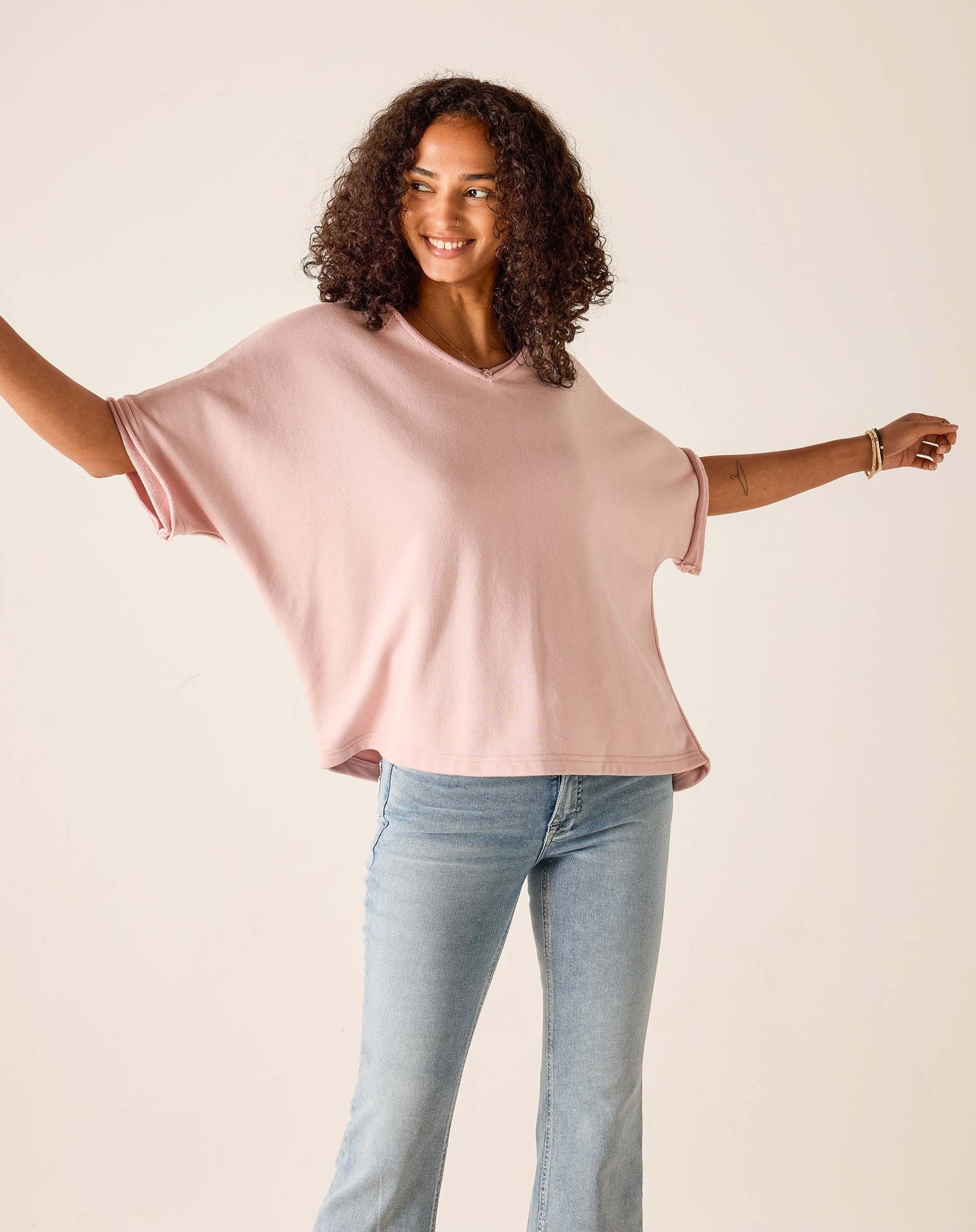 Frenchie Raw Edge V-Neck Sweatshirt in Mineral Pink