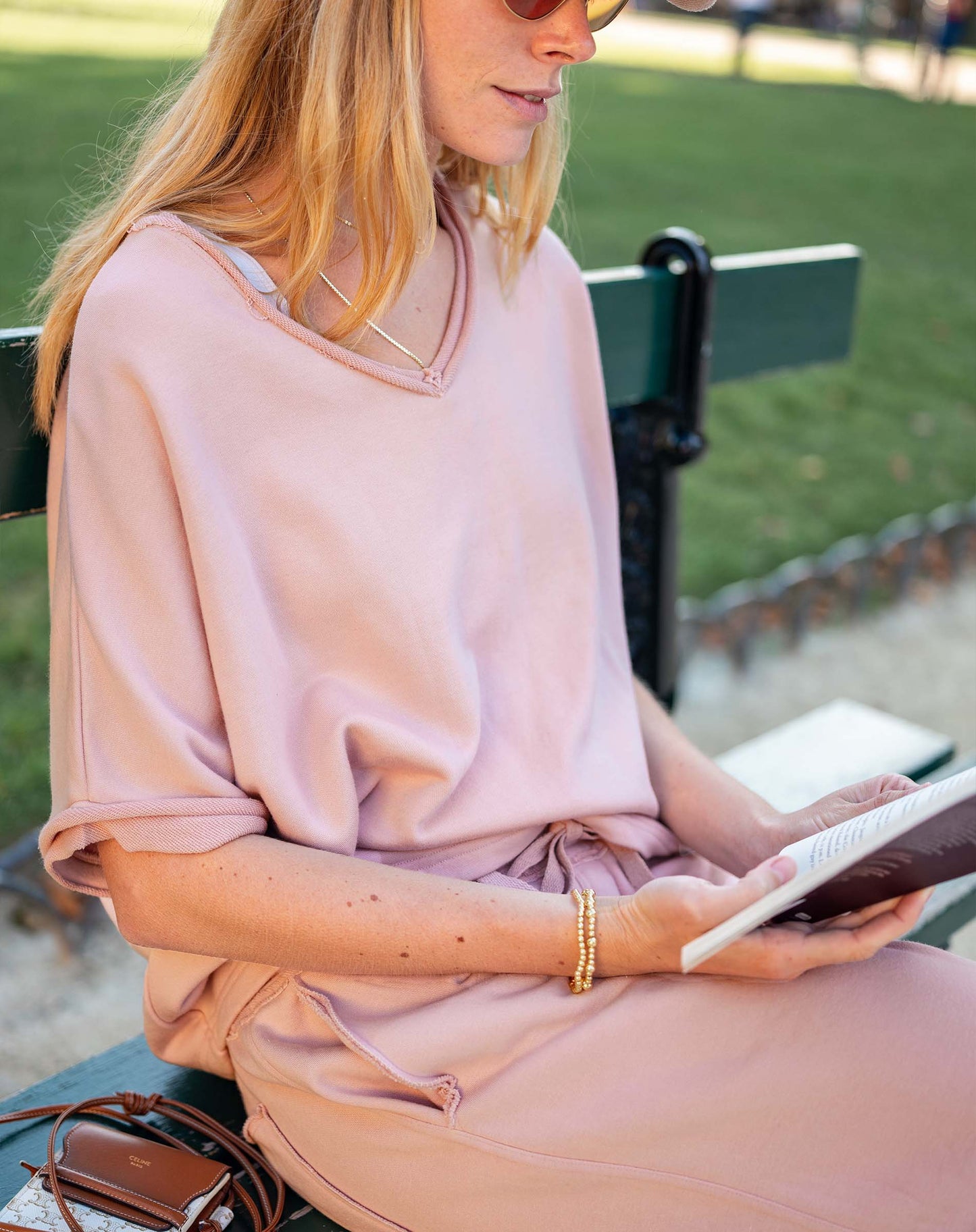 Frenchie Raw Edge V-Neck Sweatshirt in Mineral Pink