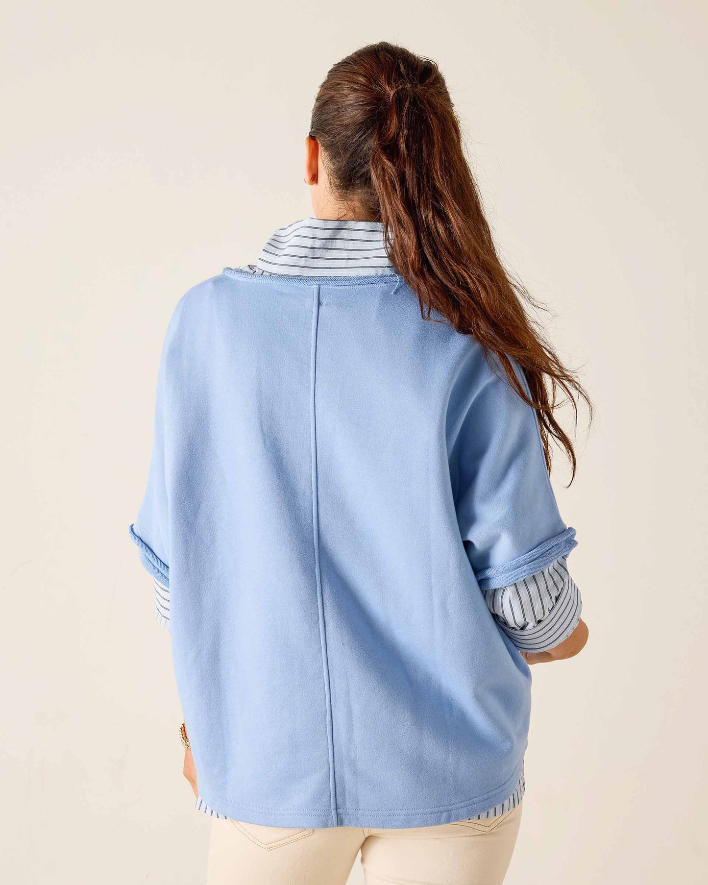 Frenchie Raw Edge V-Neck Sweatshirt in Periwinkle Blue
