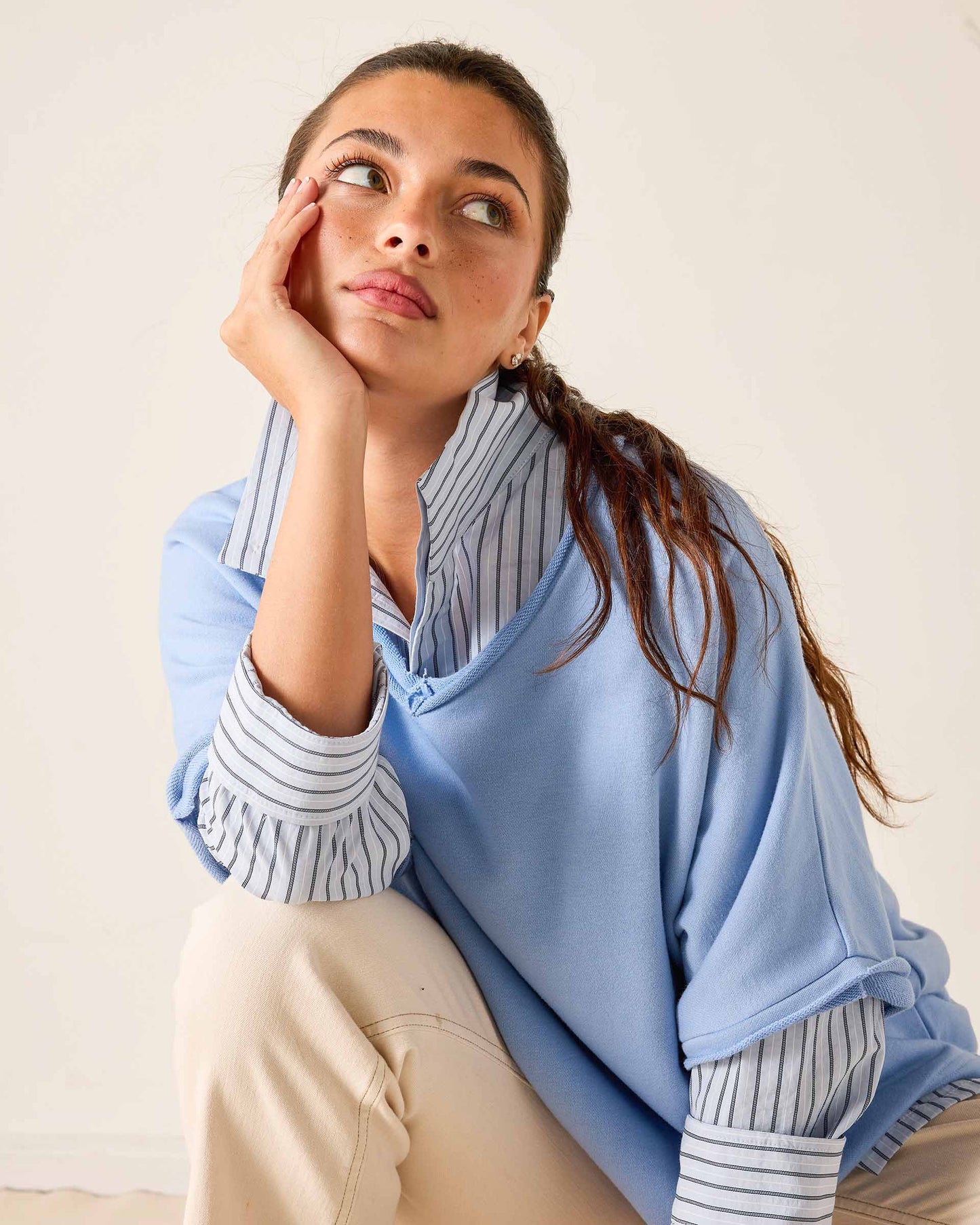 Frenchie Raw Edge V-Neck Sweatshirt in Periwinkle Blue