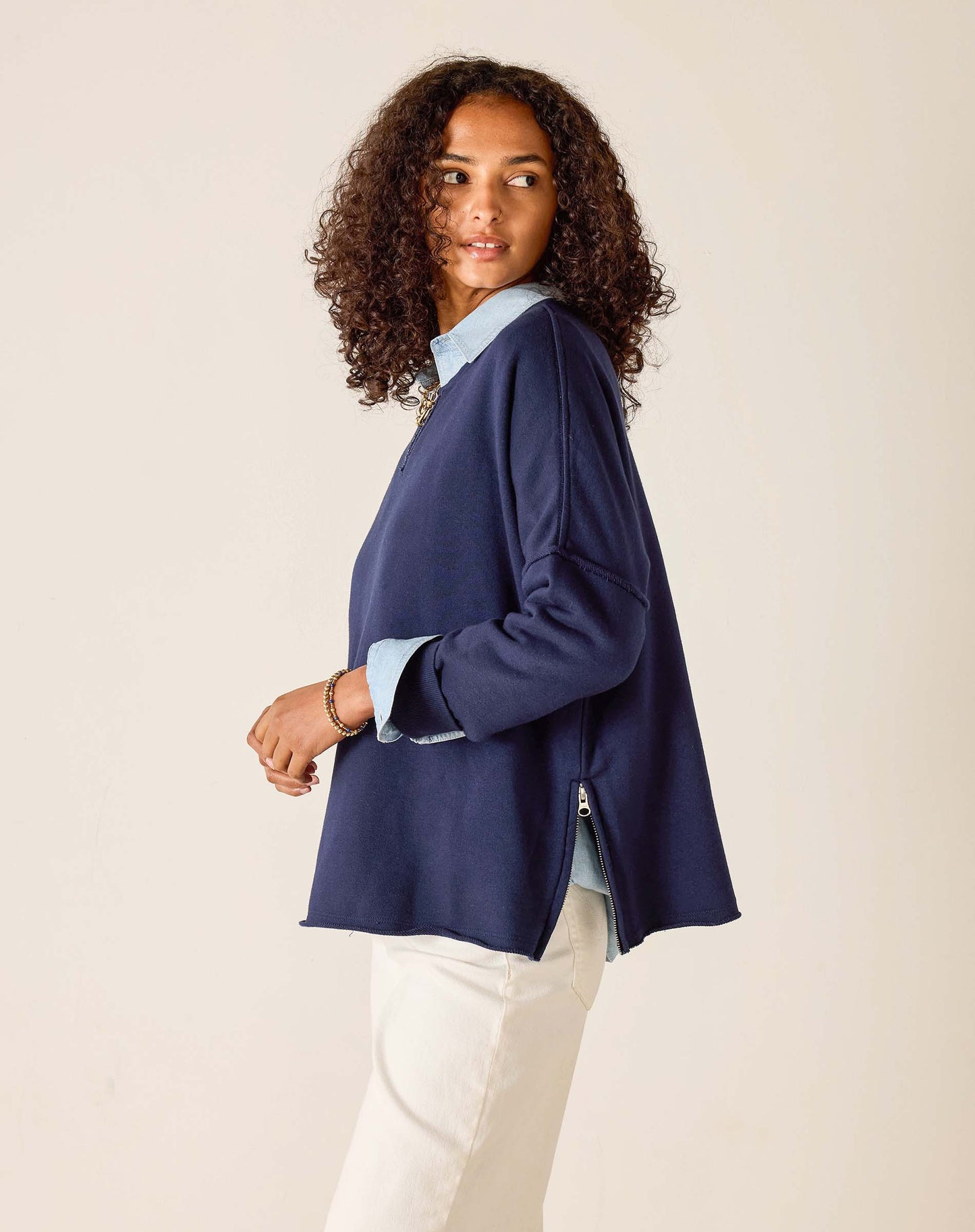 Frenchie Side Zip Crewneck in Cadet Blue