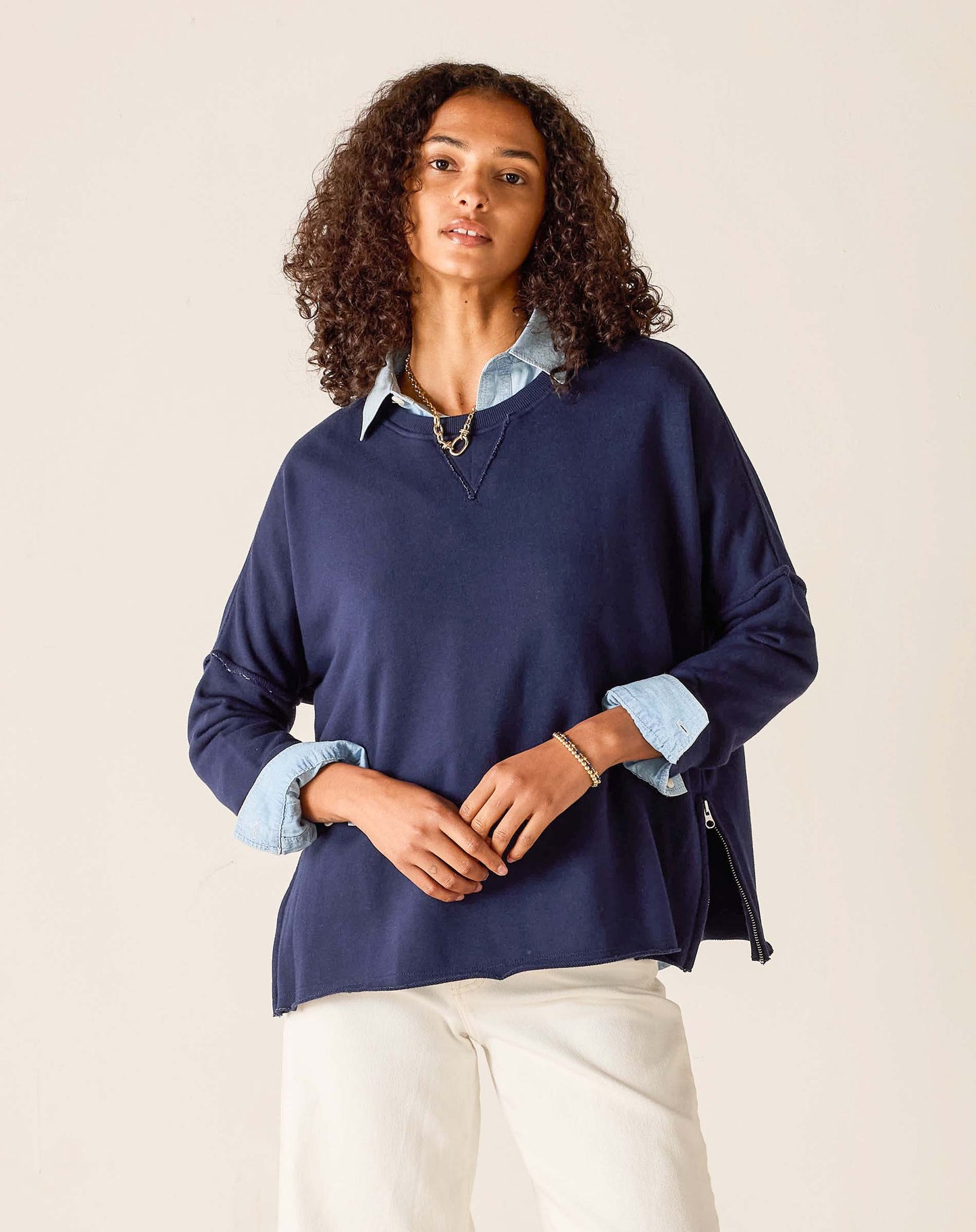 Frenchie Side Zip Crewneck in Cadet Blue