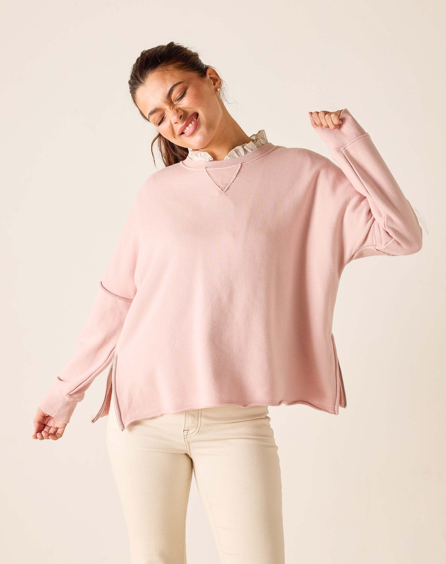 Frenchie Side Zip Crewneck in Mineral Pink