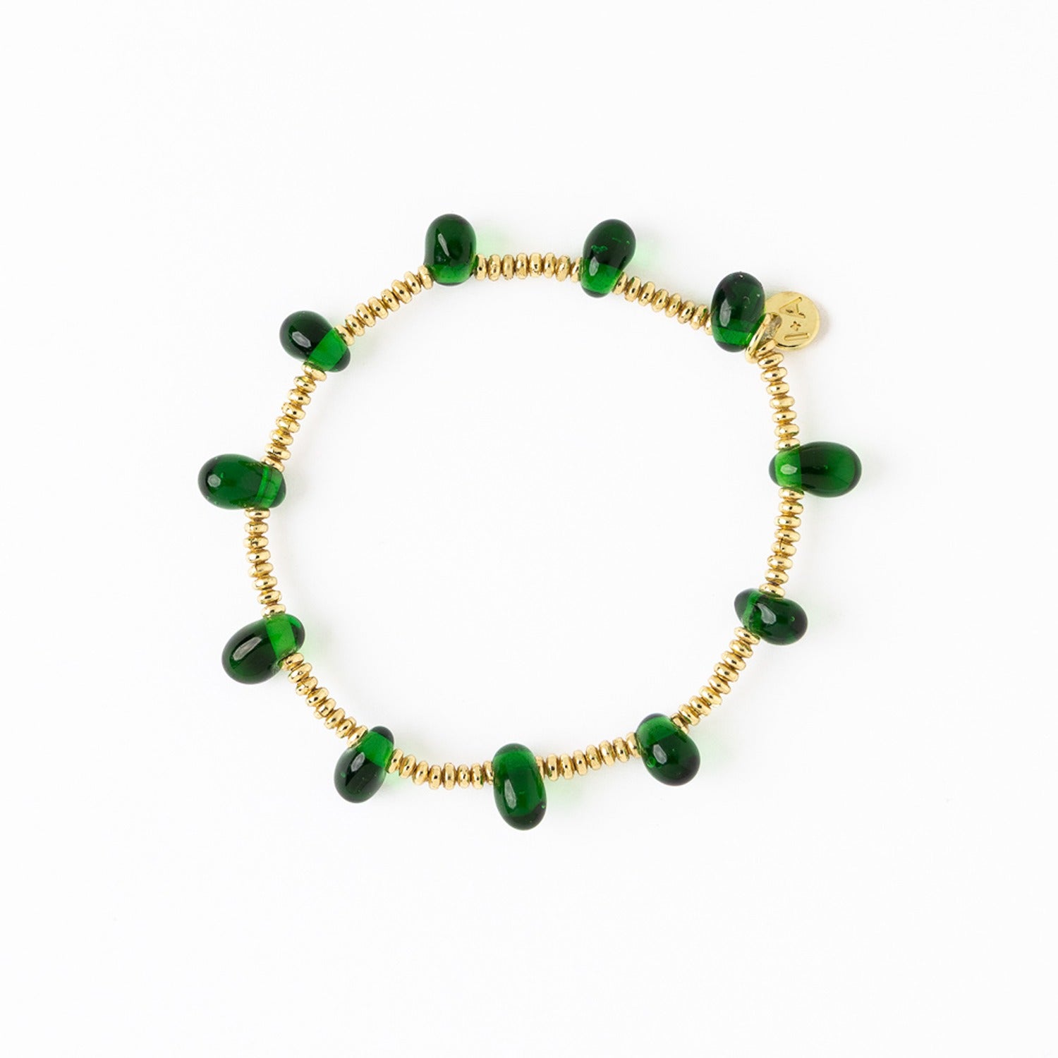 Hope Brass Stretch Bracelet with Glass Beads in Green by Ink & Alloy