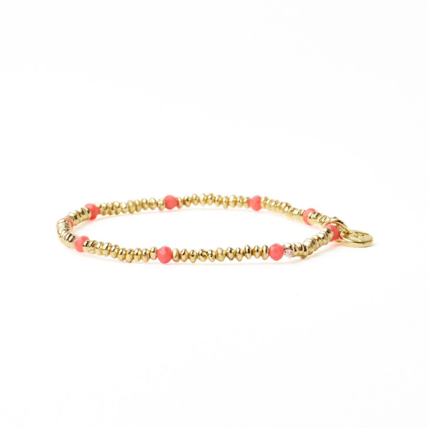 Ashley Small Brass + Crystal Stretch Bracelet in Coral + Gold by Ink & Alloy