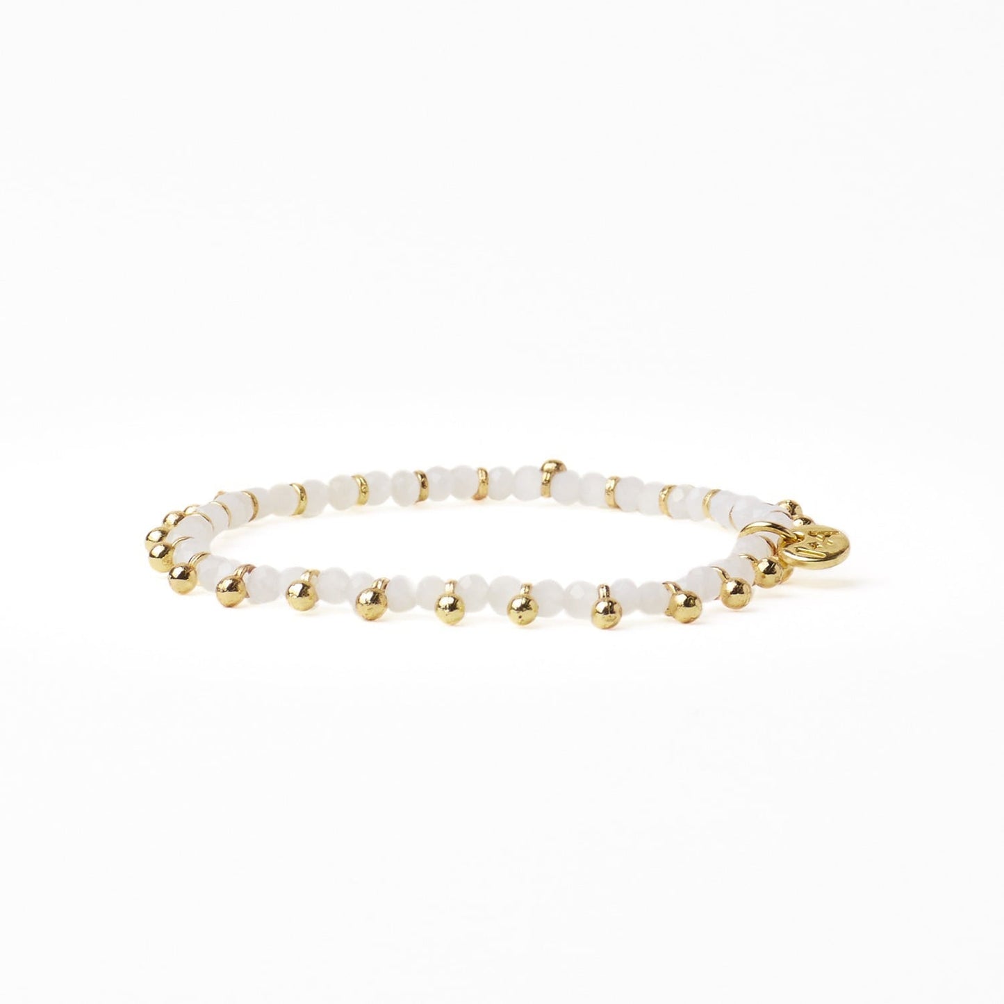 Kami Crystal + Brass Charm Stretch Bracelet in White + Gold by Ink & Alloy