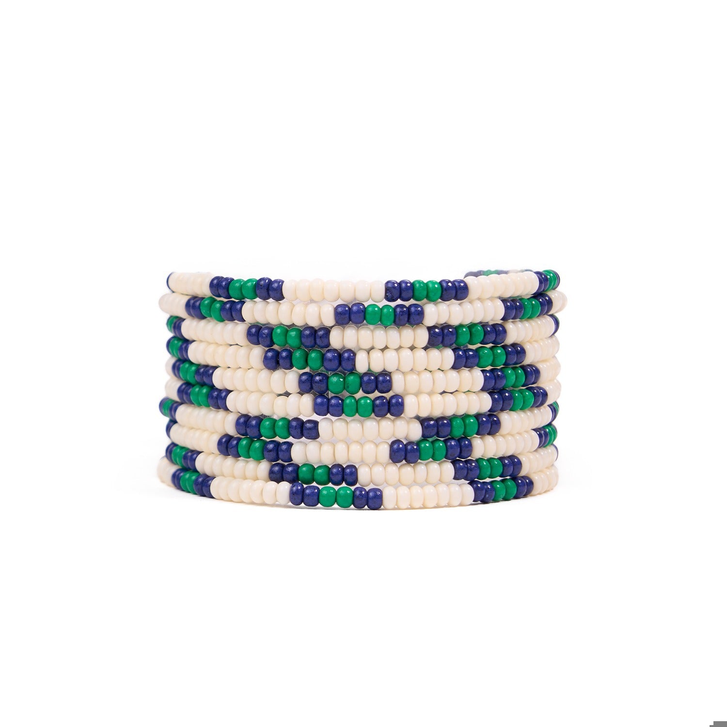 Sage 10-Strand Beaded Stretch Bracelet in Ivory, Navy + Green by INK + ALLOY