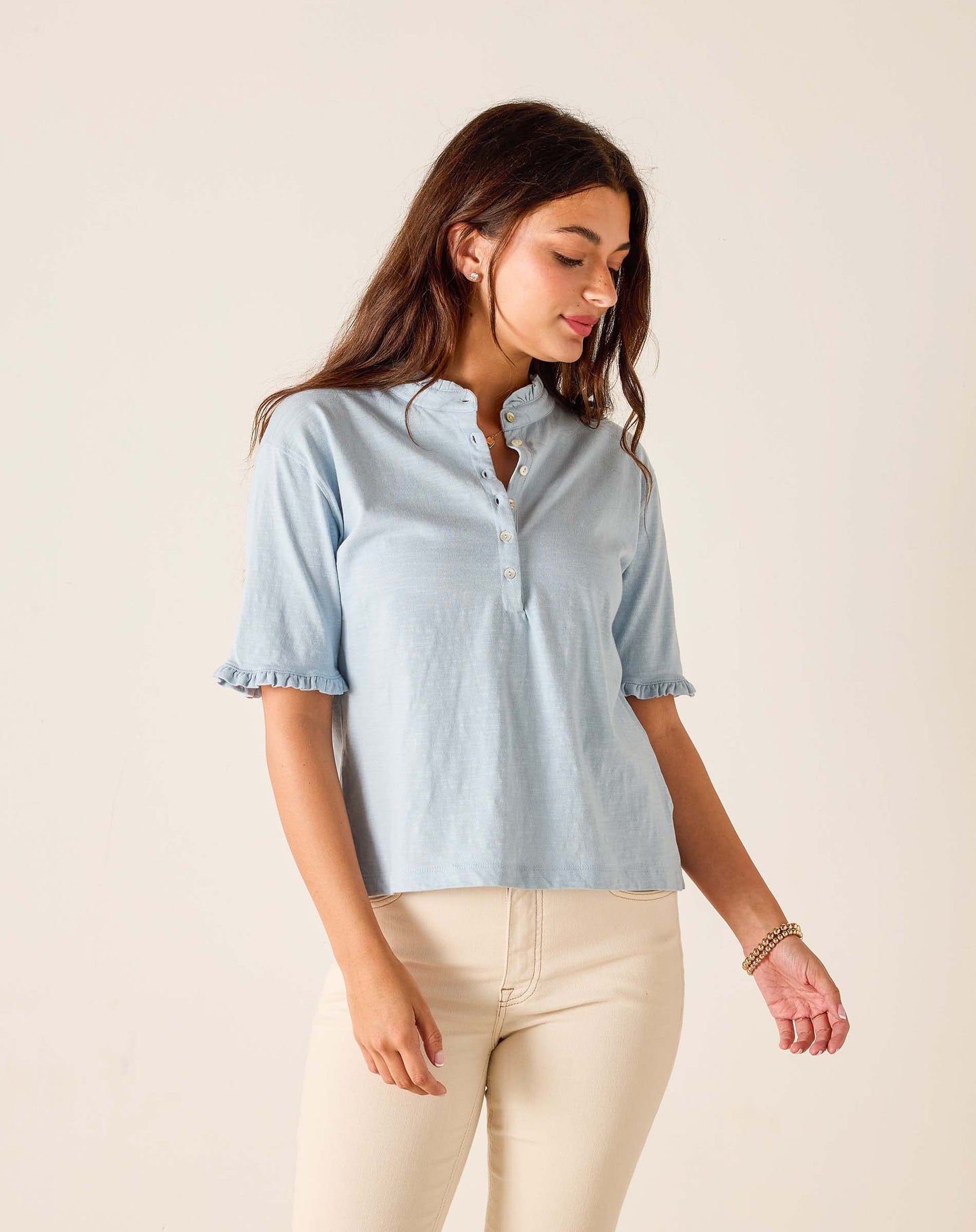 Joesphine Ruffle Henley Tee in Niagara Mist