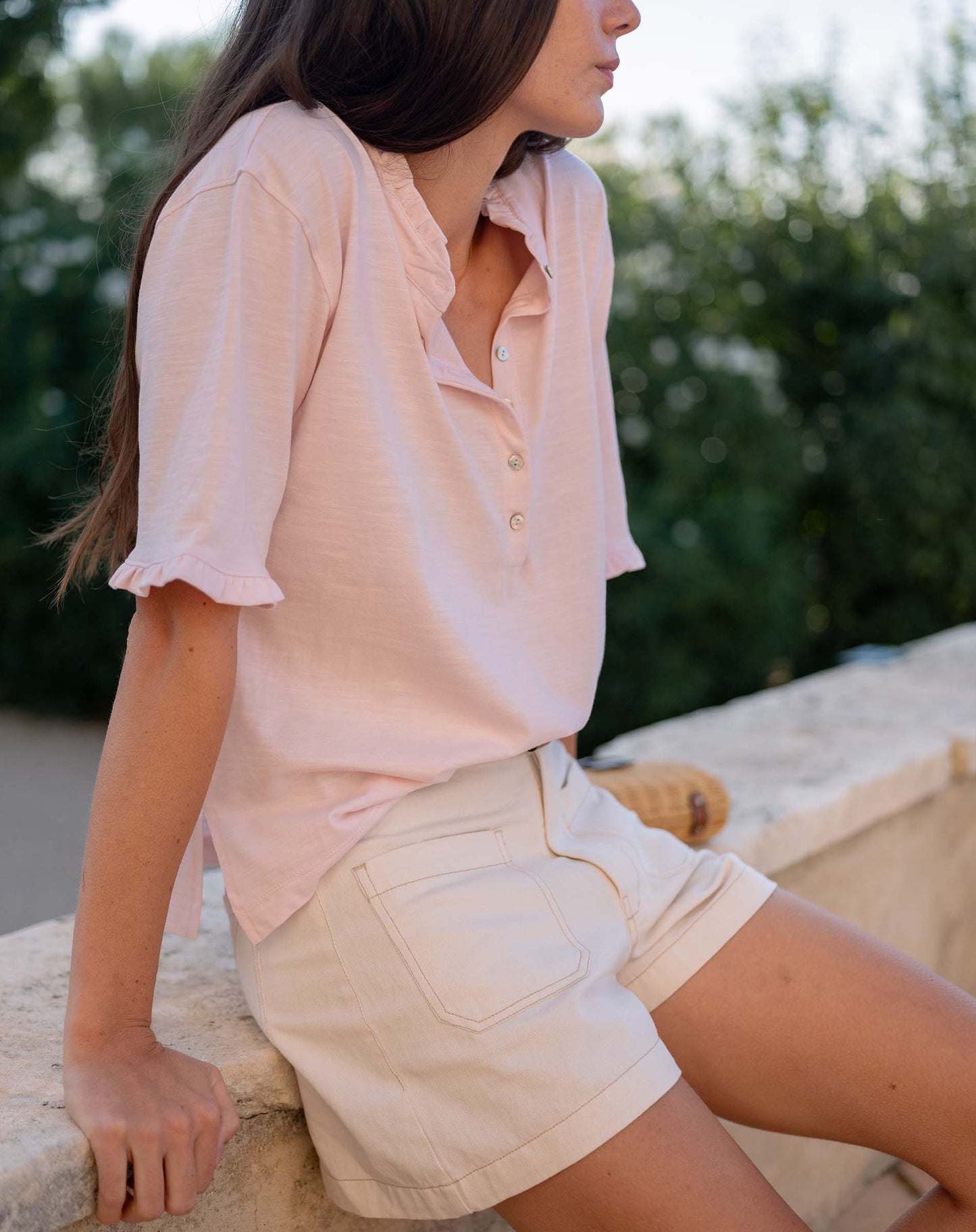 Joesphine Ruffle Henley Tee in Rose Quartz