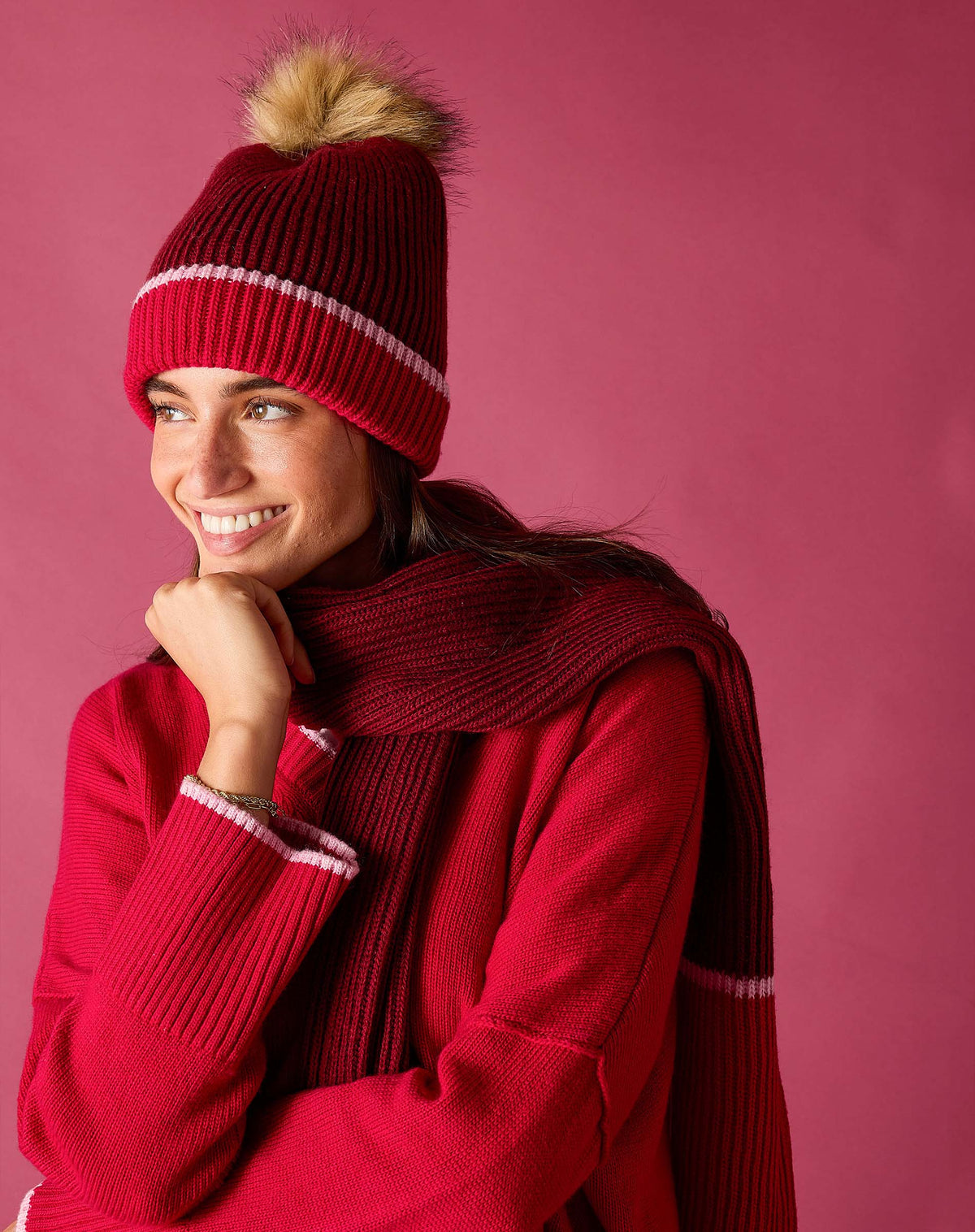 Montauk Colorblock Beanie in Raspberry Pink