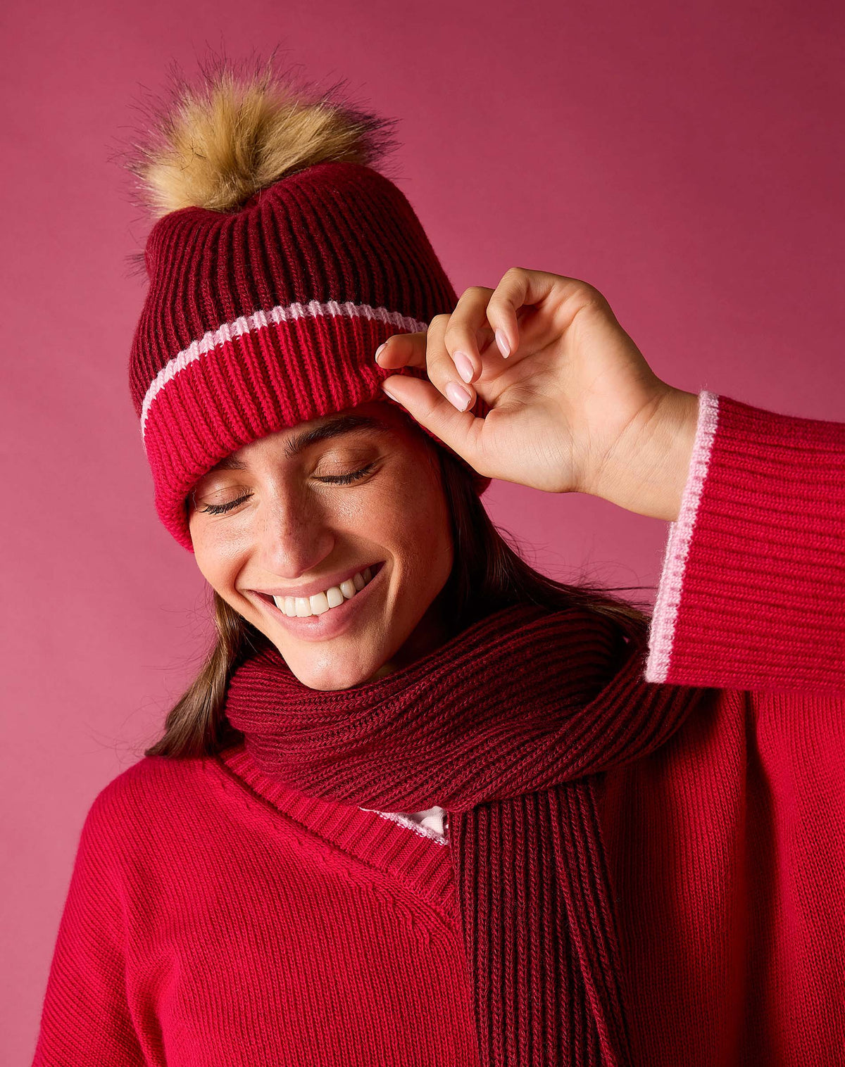Montauk Colorblock Beanie in Raspberry Pink