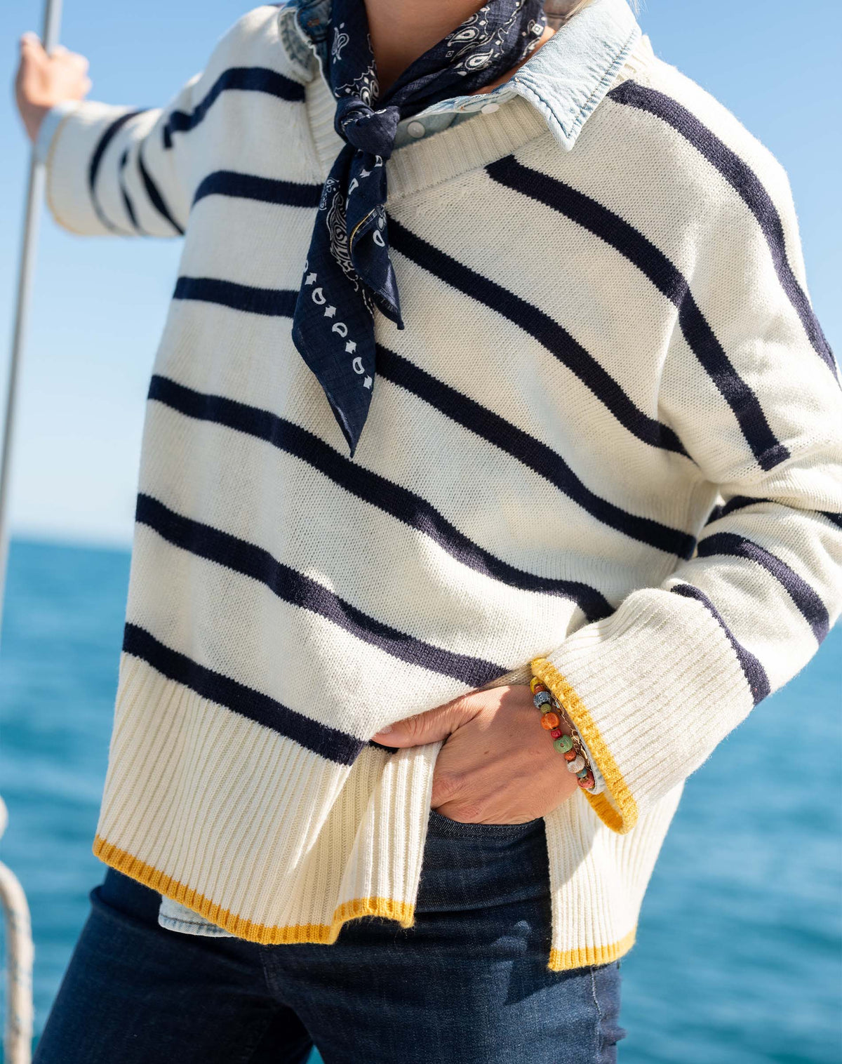 Montauk V-Neck Sweater in Cream/Navy/Golden