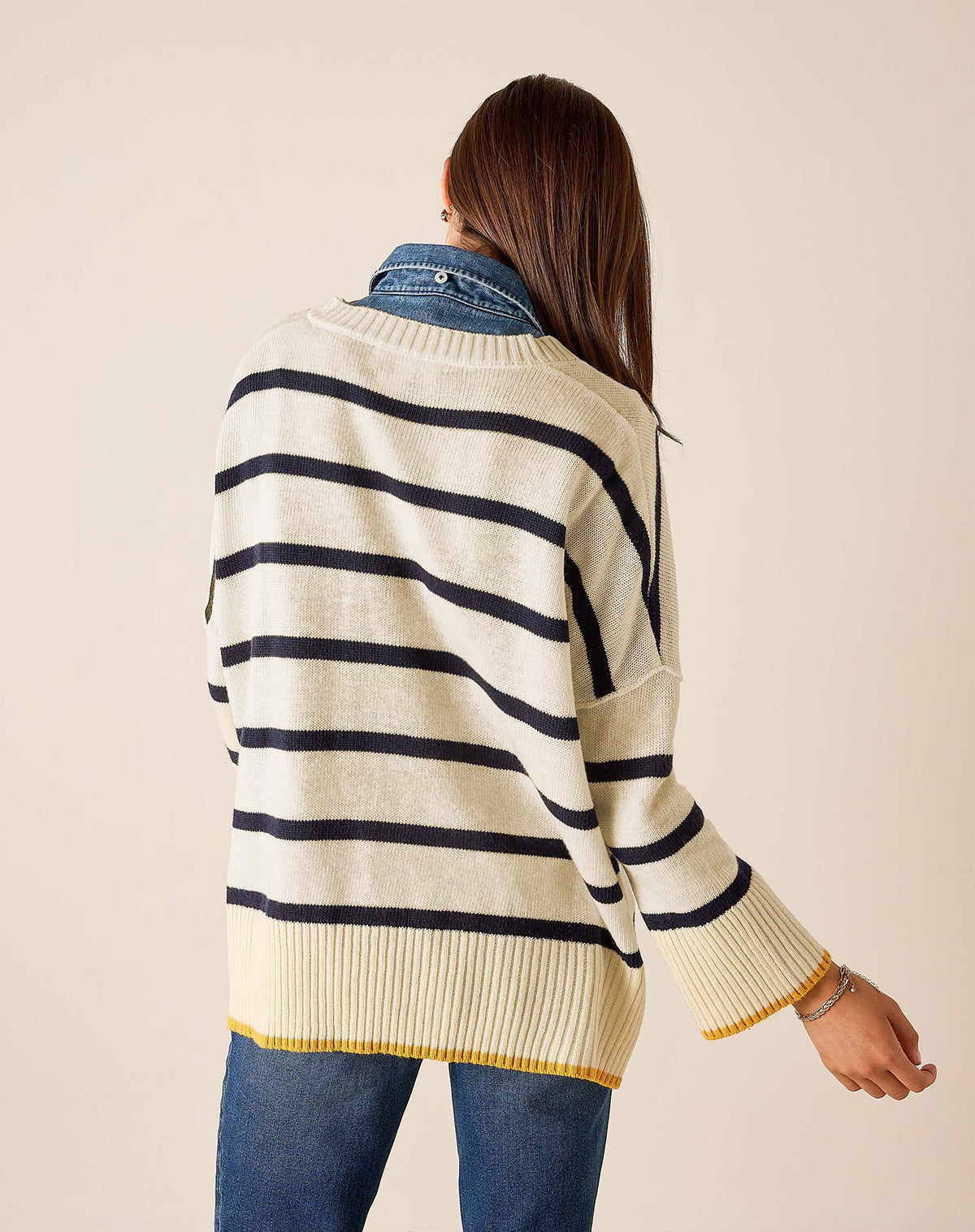 Montauk V-Neck Sweater in Cream/Navy/Golden