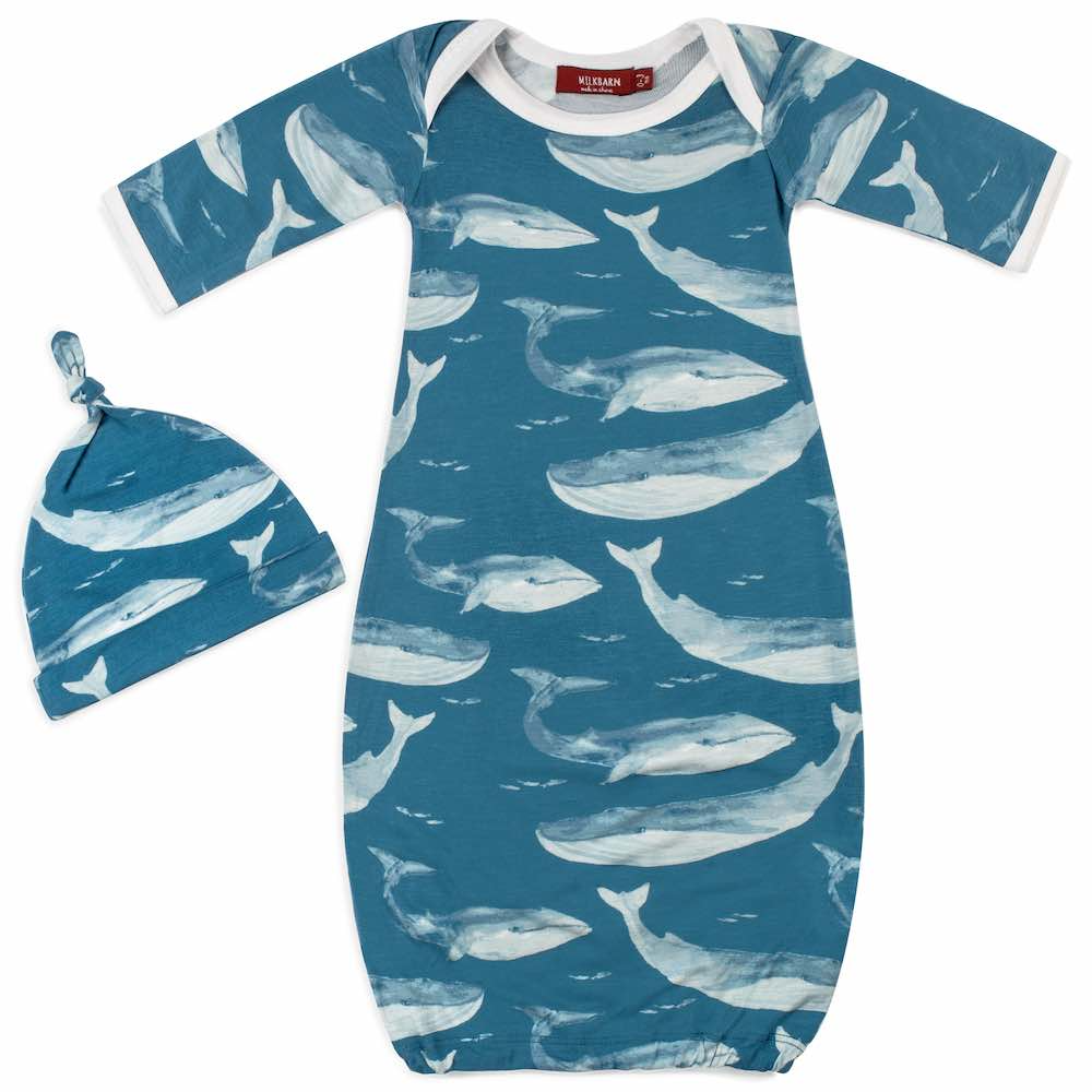 Newborn Gown & Hat Set in Whales (Bamboo)