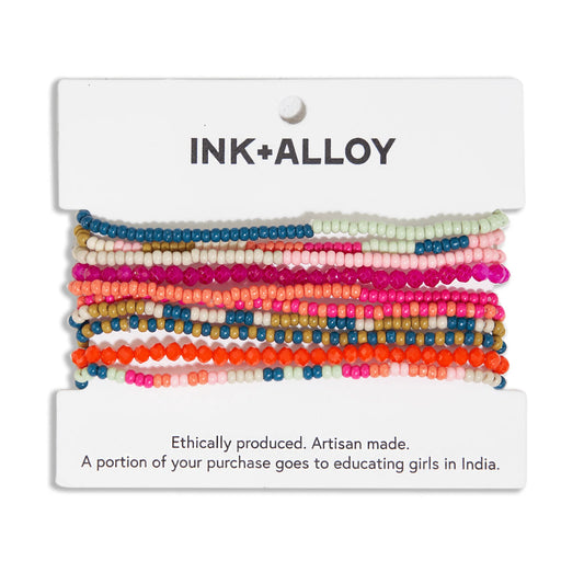 Sage Mixed Stripe Beaded 10 Strand Stretch Bracelets in Rainbow